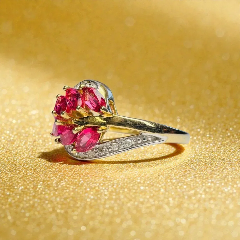 VINTAGE- 10K Gold- Marquise Ruby & Diamond Ring -Size 8- 1.35cttw Leaf Ring 3g